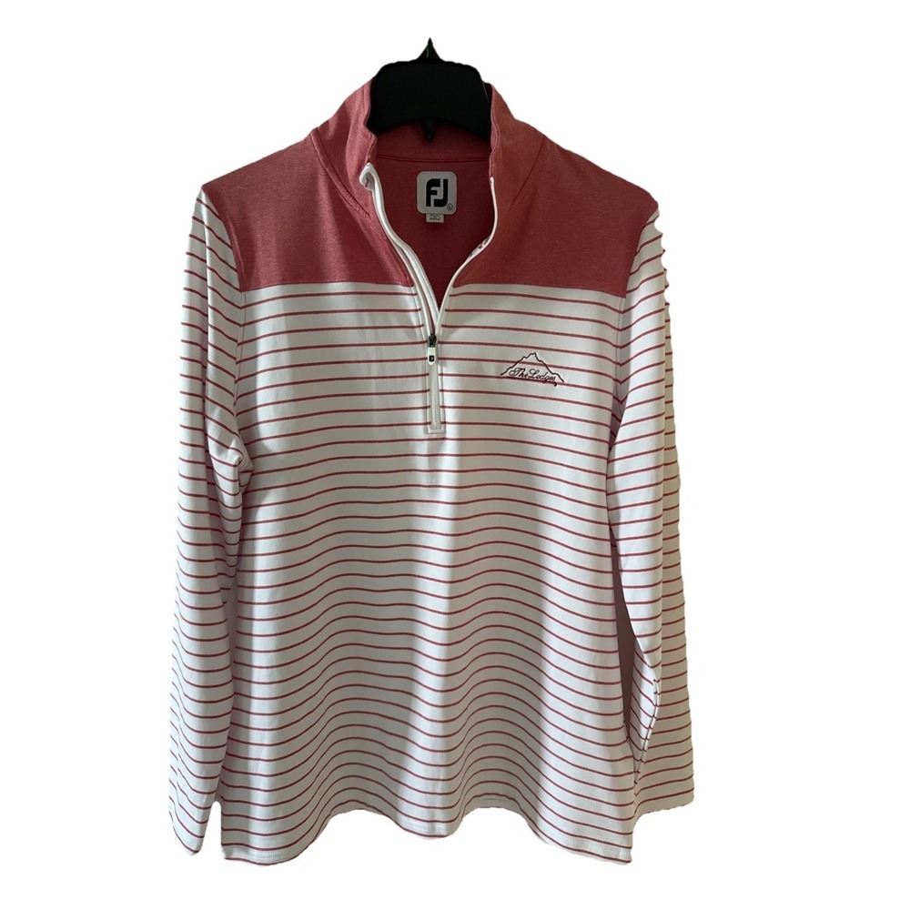Women's Foot Joy Golf Pullover 1/4 Zip Size L Red/White Stripe "The Ledges" Logo